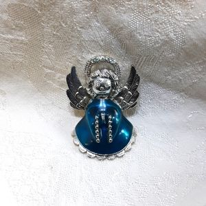 Angel Brooch AB Rhinestone Halo Blue Enamel Silver Tone 2" Nice Holiday Gift